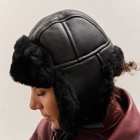 Cawley Leather Back Sheepskin Trapper Hat, Black