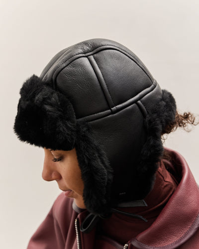 Cawley Leather Back Sheepskin Trapper Hat, Black