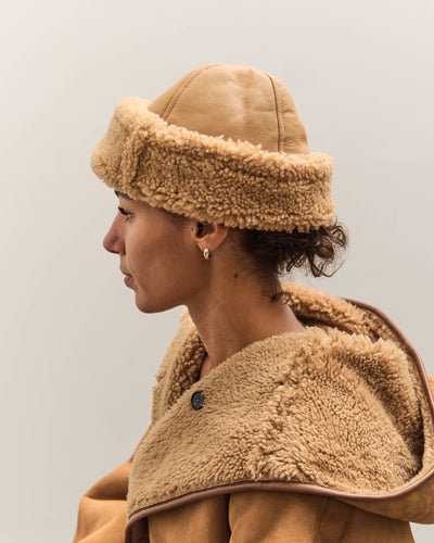 Cawley Leather Back Curly Hair Sheepskin cap, Tan