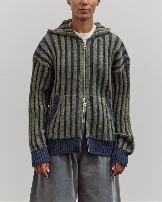 Wool Ribbed Zip Up Hoodie, Denim/Apple