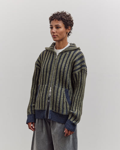 Wool Ribbed Zip Up Hoodie, Denim/Apple