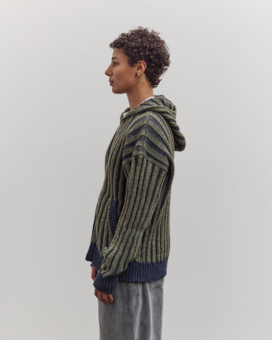 Wool Ribbed Zip Up Hoodie, Denim/Apple