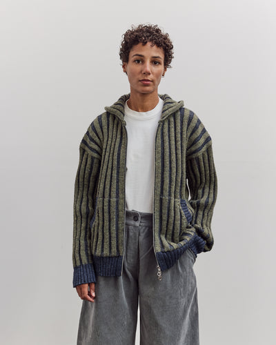 Wool Ribbed Zip Up Hoodie, Denim/Apple