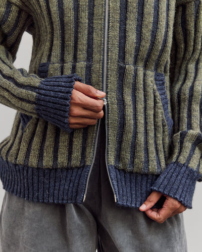 Wool Ribbed Zip Up Hoodie, Denim/Apple