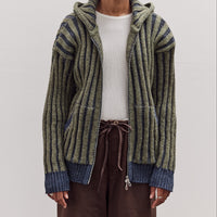 Wool Ribbed Zip Up Hoodie, Denim/Apple