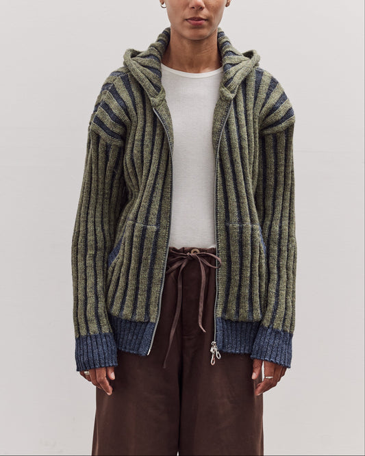 Wool Ribbed Zip Up Hoodie, Denim/Apple