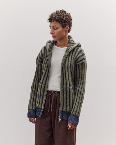 Wool Ribbed Zip Up Hoodie, Denim/Apple