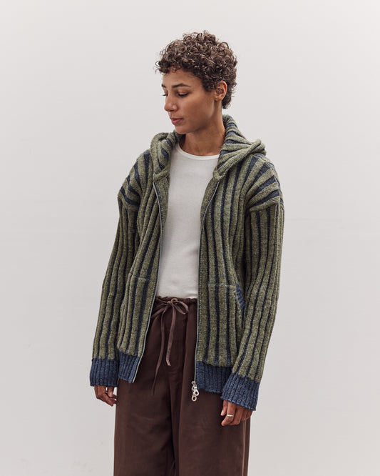 Wool Ribbed Zip Up Hoodie, Denim/Apple