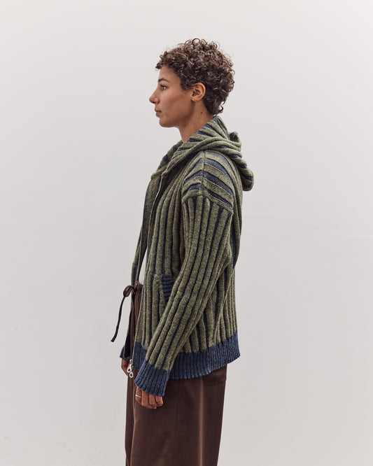 Wool Ribbed Zip Up Hoodie, Denim/Apple