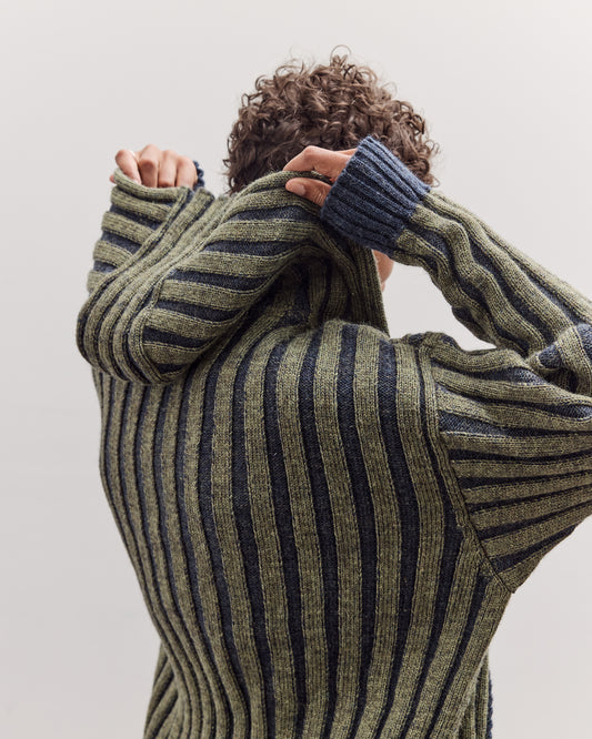 Wool Ribbed Zip Up Hoodie, Denim/Apple