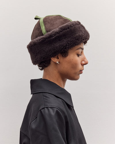 Suede Back Curly Contrast Panel Hat, Chocolate/Green