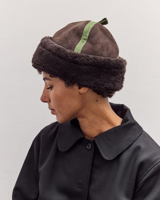 Suede Back Curly Contrast Panel Hat, Chocolate/Green