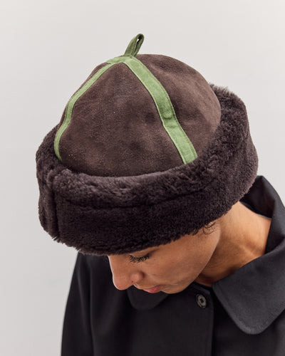 Suede Back Curly Contrast Panel Hat, Chocolate/Green