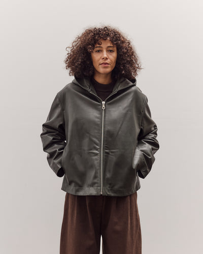 Leather Zip-Up Hoodie, Olive