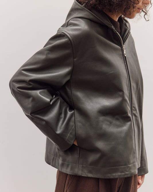 Leather Zip-Up Hoodie, Olive