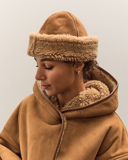 Cawley Suede Back Curly Sheepskin Cap, Tan