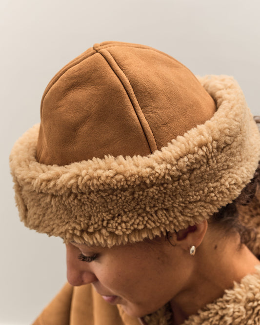 Cawley Suede Back Curly Sheepskin Cap, Tan