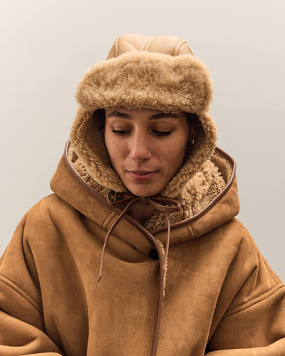 Cawley Leather Back Curly Hair Sheepskin Trapper Hat, Tan