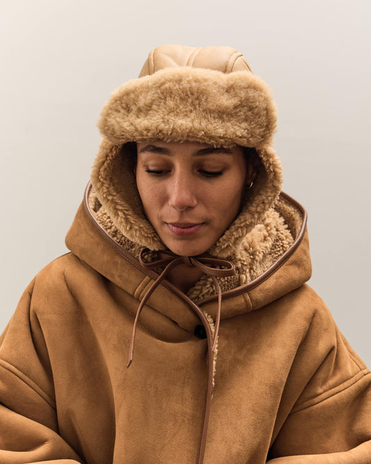 Cawley Leather Back Curly Hair Sheepskin Trapper Hat, Tan