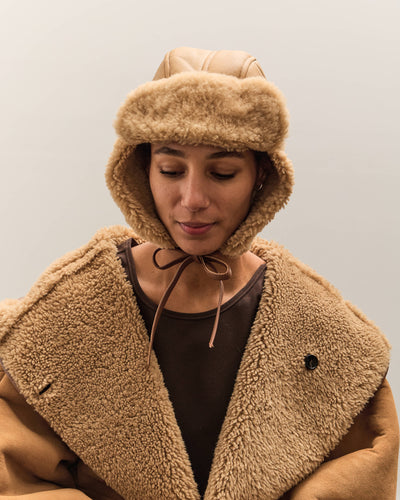 Cawley Leather Back Curly Hair Sheepskin Trapper Hat, Tan