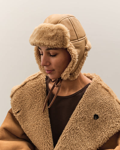 Cawley Leather Back Curly Hair Sheepskin Trapper Hat, Tan