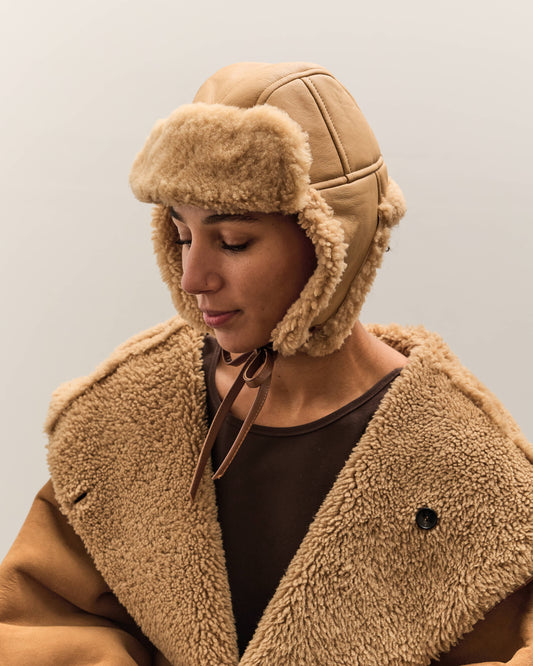 Cawley Leather Back Curly Hair Sheepskin Trapper Hat, Tan