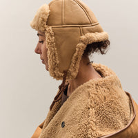 Cawley Leather Back Curly Hair Sheepskin Trapper Hat, Tan