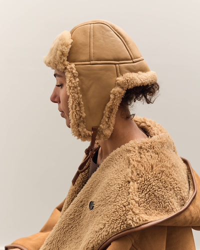 Cawley Leather Back Curly Hair Sheepskin Trapper Hat, Tan