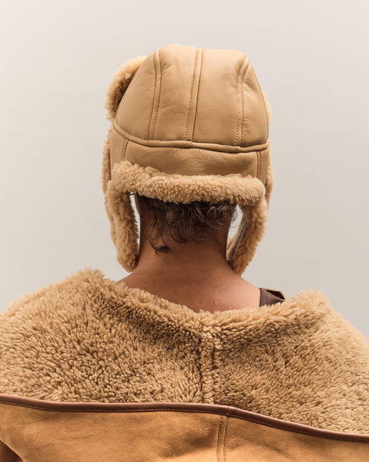 Cawley Leather Back Curly Hair Sheepskin Trapper Hat, Tan