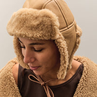 Cawley Leather Back Curly Hair Sheepskin Trapper Hat, Tan