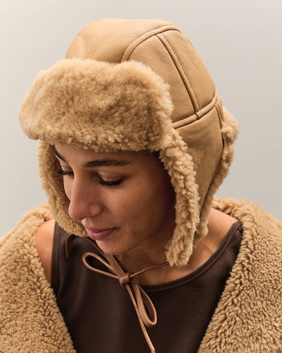 Cawley Leather Back Curly Hair Sheepskin Trapper Hat, Tan
