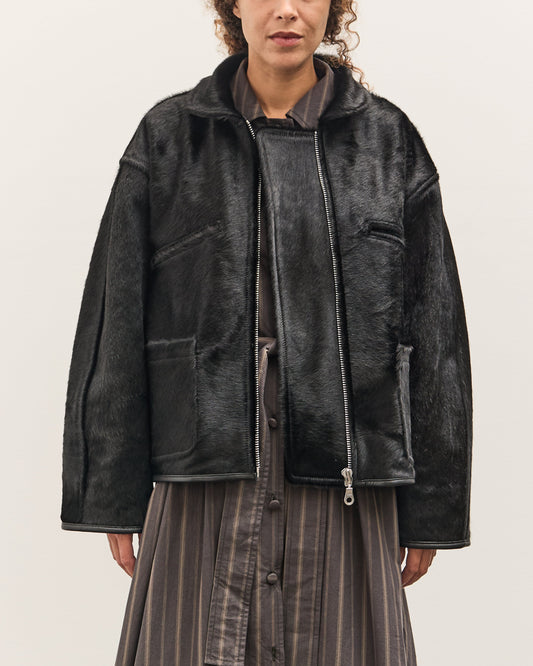 Cawley Hair on Leather Hide Flying Jacket, Black