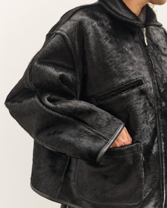 Cawley Hair on Leather Hide Flying Jacket, Black