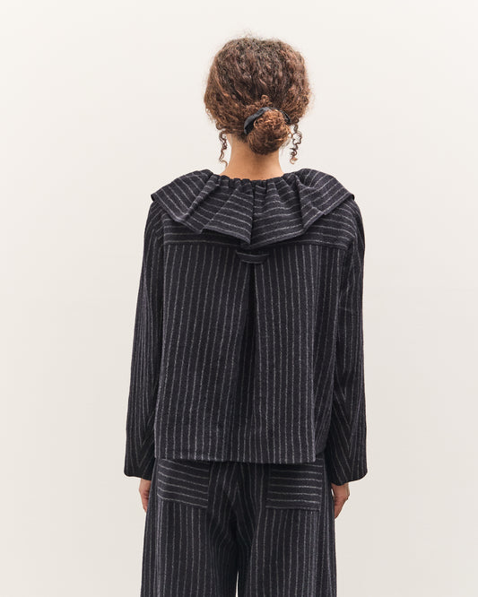 Cawley Japanese Striped Boucle Ruffle Lille Jacket, Navy / Grey