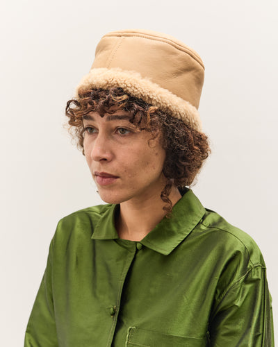 Cawley Leather Back Curly Pill Box Hat, Tan