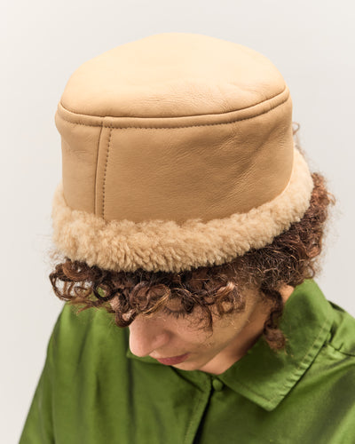 Cawley Leather Back Curly Pill Box Hat, Tan
