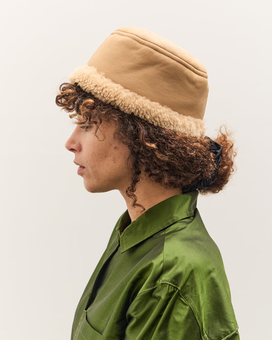 Cawley Leather Back Curly Pill Box Hat, Tan