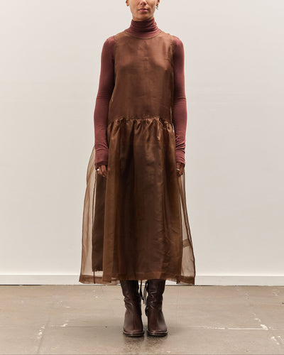 Person wearing a brown turtleneck and sheer brown skirt against a white background