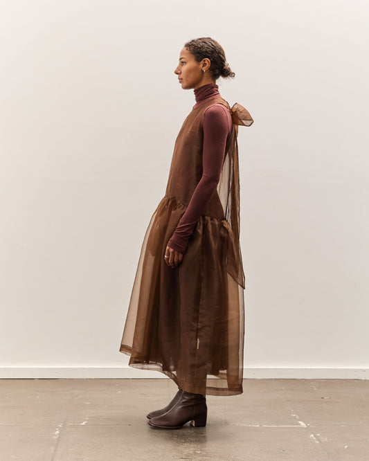 brown organza dress Ambraee Brown Organza Floral Midi Dress for Women | Puff Sleeve Structured Bodice Flared Dress
