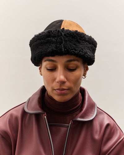 Cawley Suede Back Curly Sheepskin Panel Cap, Tan / Black