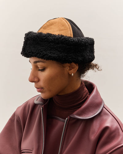 Cawley Suede Back Curly Sheepskin Panel Cap, Tan / Black