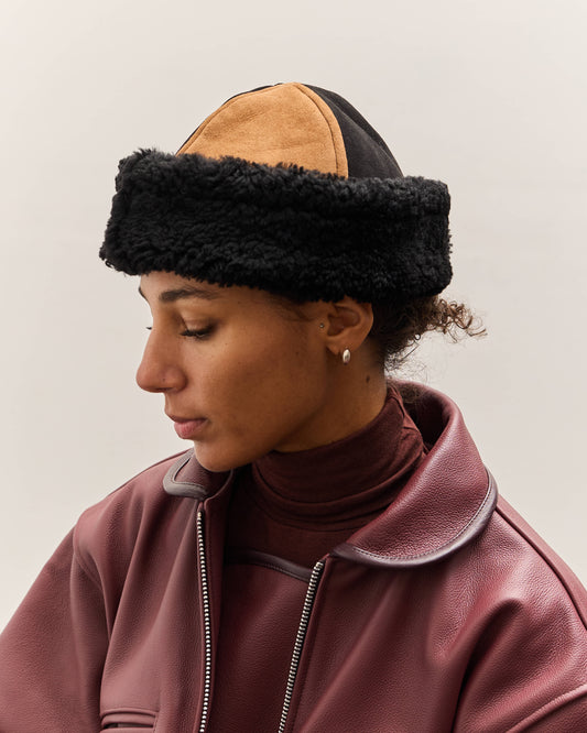 Cawley Suede Back Curly Sheepskin Panel Cap, Tan / Black
