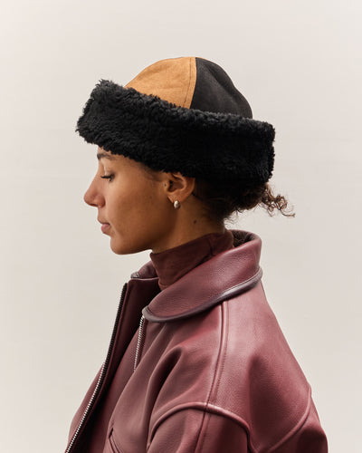 Cawley Suede Back Curly Sheepskin Panel Cap, Tan / Black