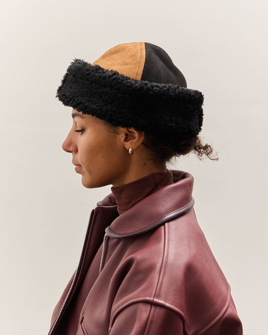 Cawley Suede Back Curly Sheepskin Panel Cap, Tan / Black