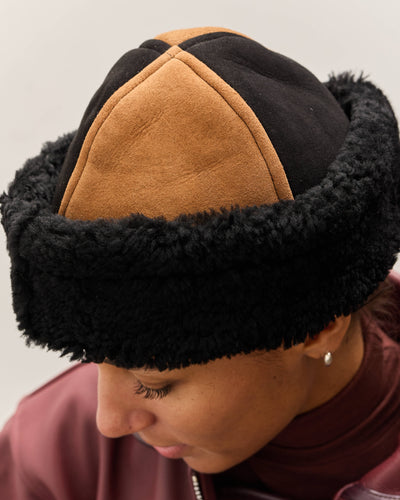 Cawley Suede Back Curly Sheepskin Panel Cap, Tan / Black