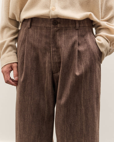 Colbo Single Pleat Pants Unisex, Washed Brown Houndstooth
