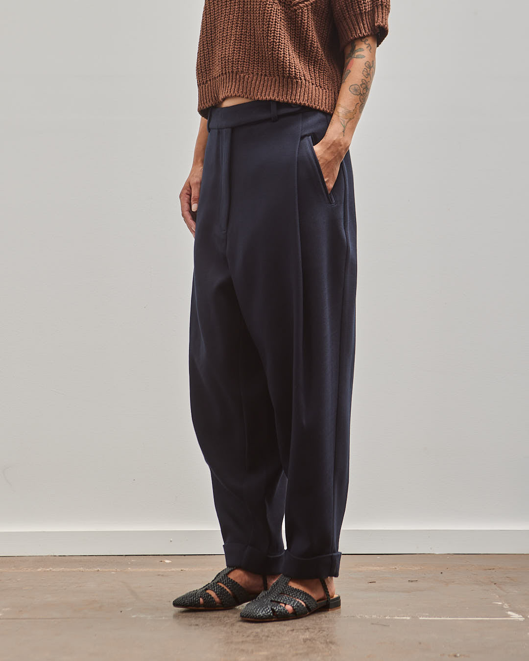 Buy WES Formals Solid Navy Blue Carrot Fit Trousers from Westside