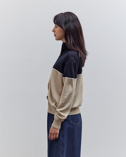 Merino Wool Colorblock Cardigan, Navy