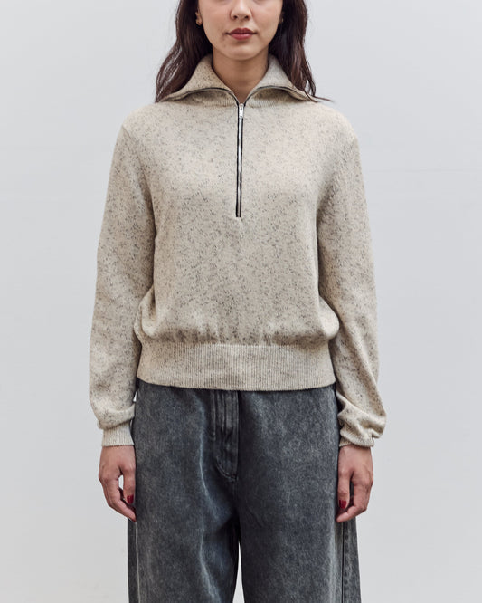 Flecked Cotton Zip-Up Sweater, Natural