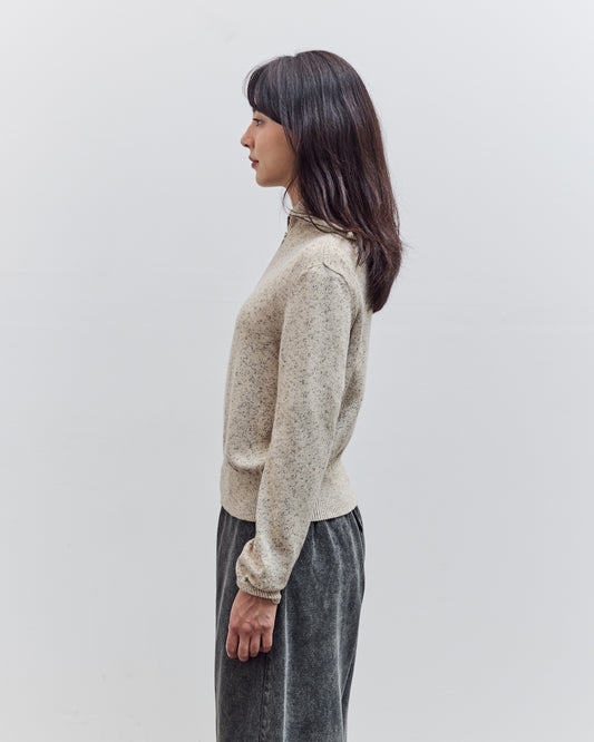 Flecked Cotton Zip-Up Sweater, Natural